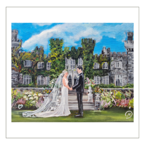 Live wedding painter in Ireland creates a beautiful painting of newlywed couple an Luttrellstown Castle