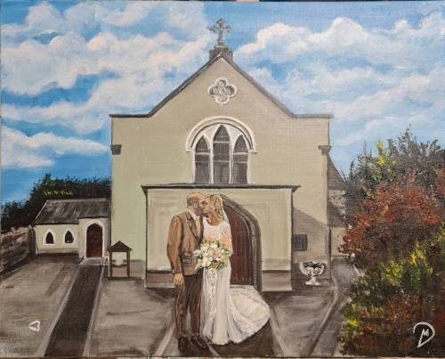 Live wedding painter in Ireland creates painting of couple outside of church